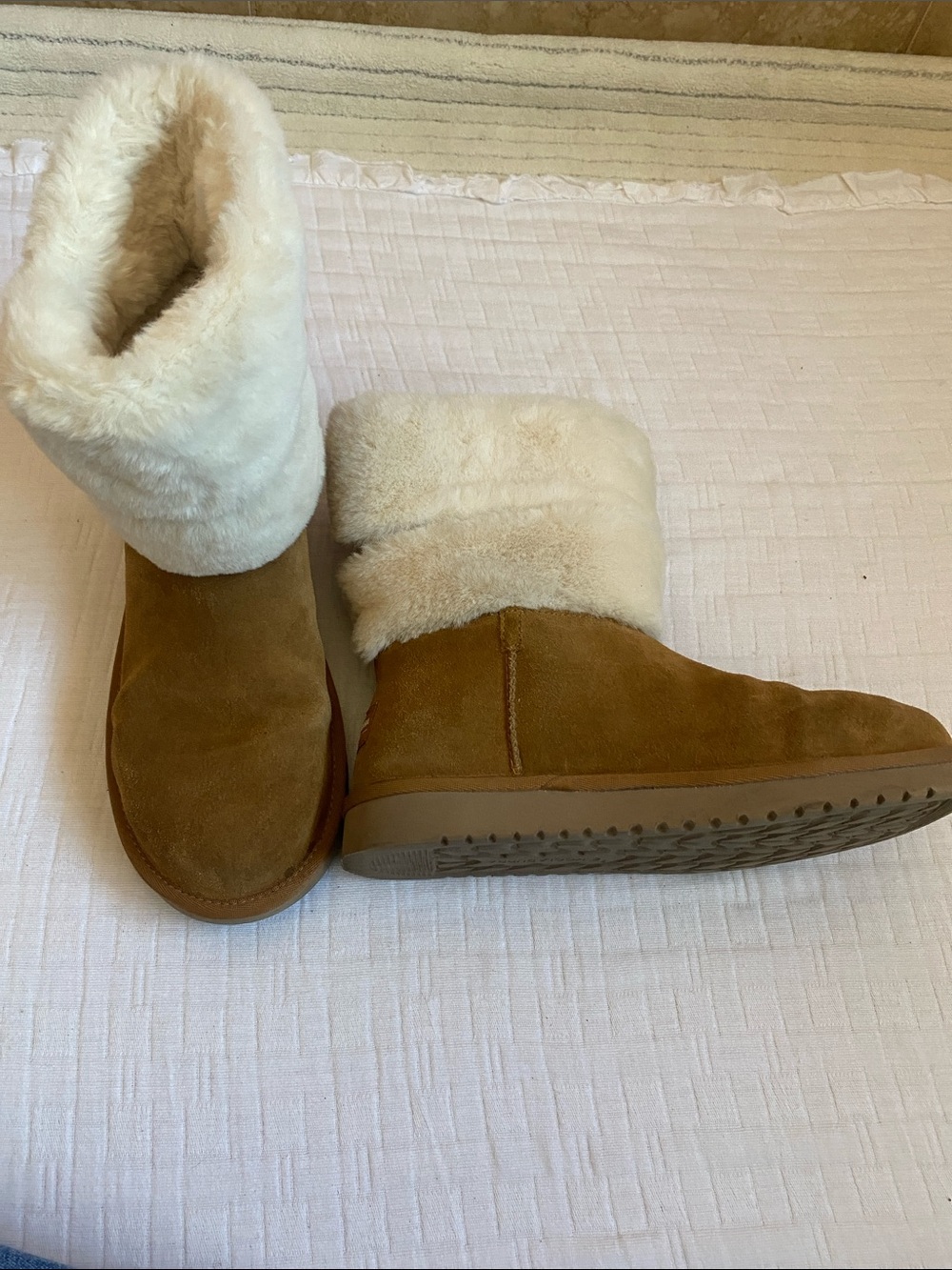 UGG Chestnut Suede Fold-Over Shearling Slippers